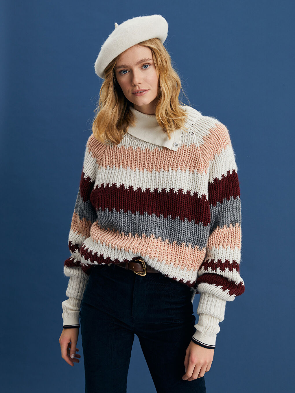 Karışık Bisiklet Yaka Renk Bloklu Uzun Kollu Kadın Triko Kazak-1