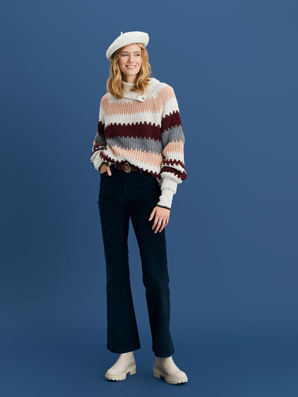 Karışık Bisiklet Yaka Renk Bloklu Uzun Kollu Kadın Triko Kazak-3