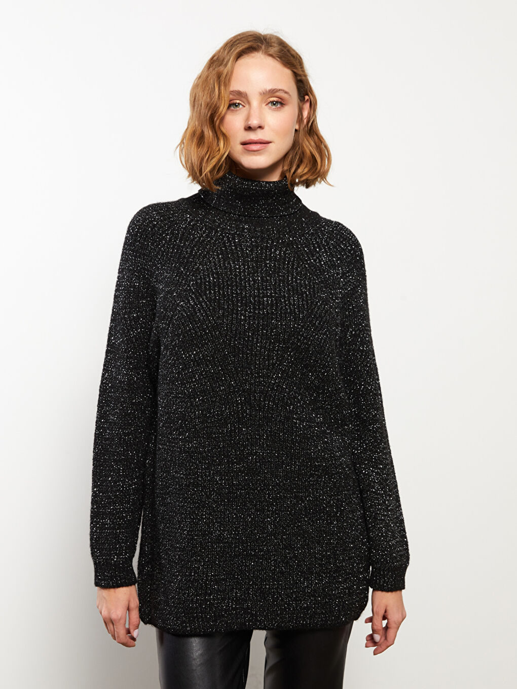 Siyah Balıkçı Yaka Düz Uzun Kollu Kadın Triko Tunik
