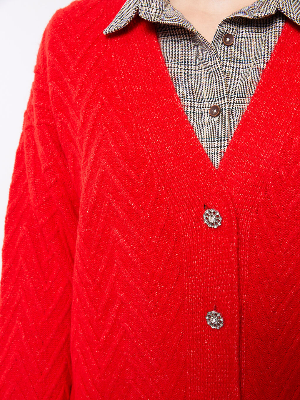 Kırmızı V Yaka Kendinden Desenli Uzun Kollu Kadın Triko Hırka-7