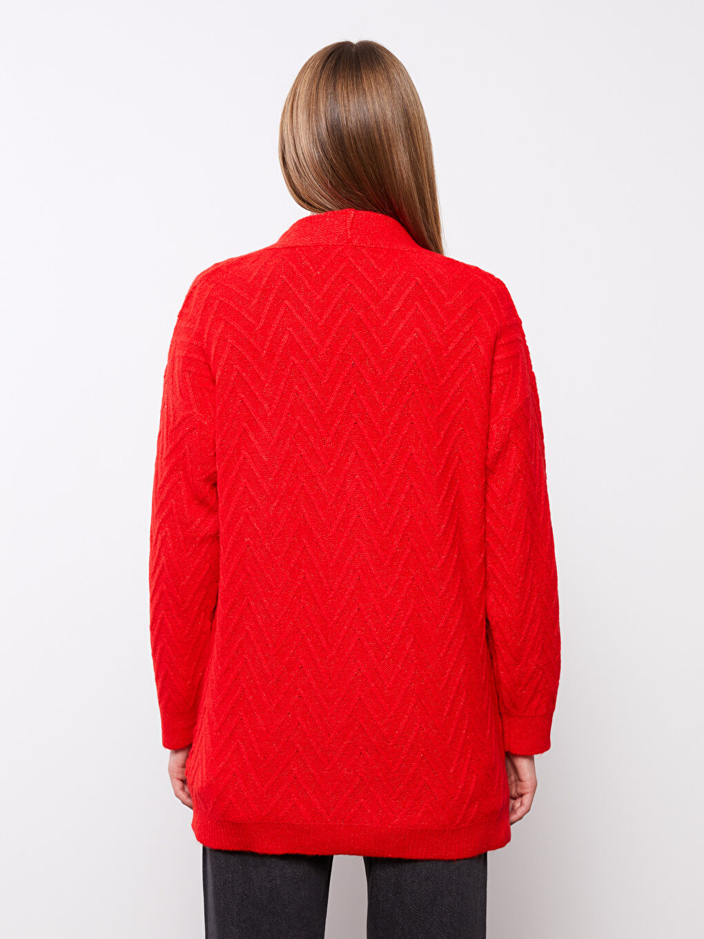 Kırmızı V Yaka Kendinden Desenli Uzun Kollu Kadın Triko Hırka-8