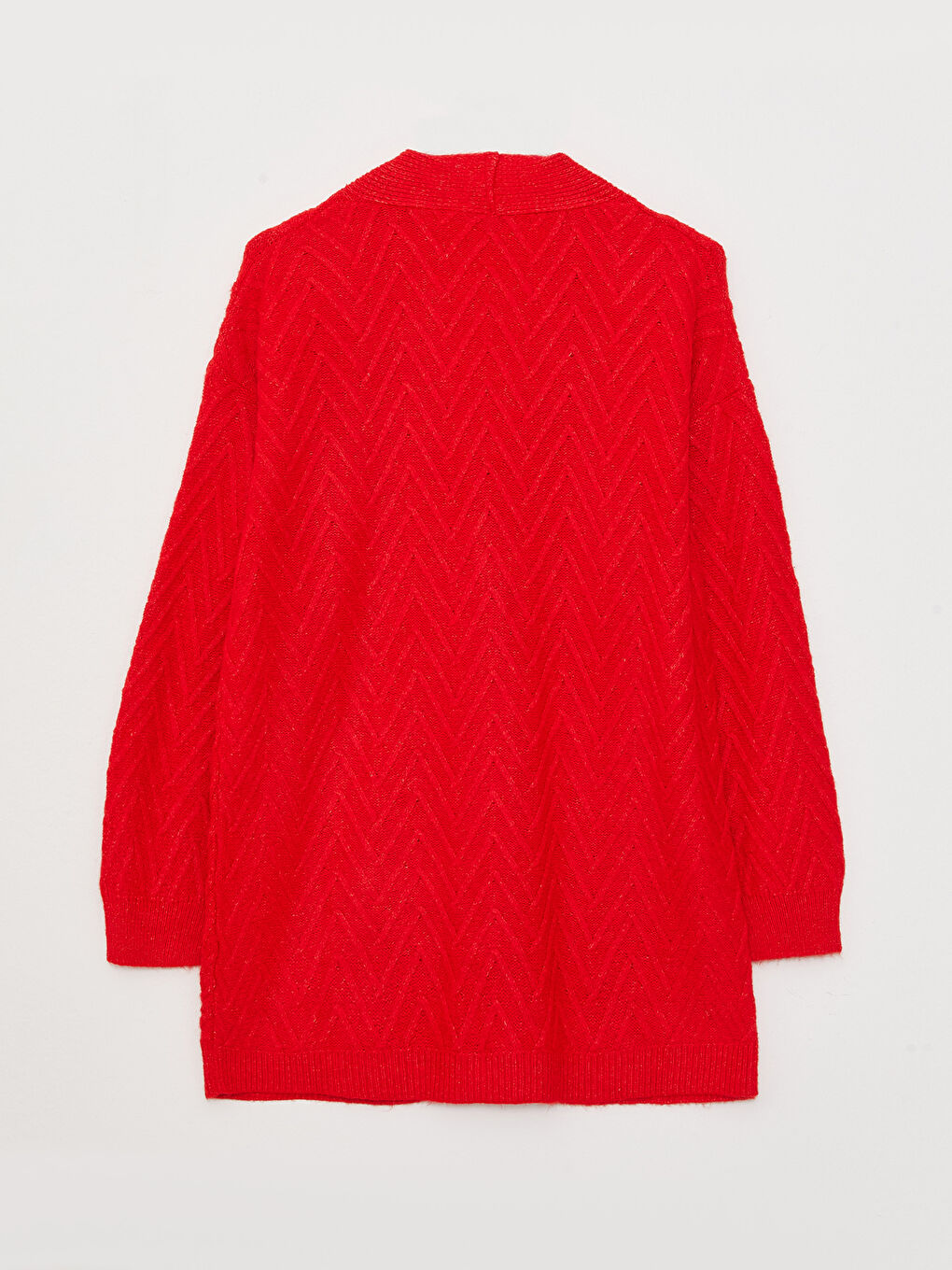 Kırmızı V Yaka Kendinden Desenli Uzun Kollu Kadın Triko Hırka-10