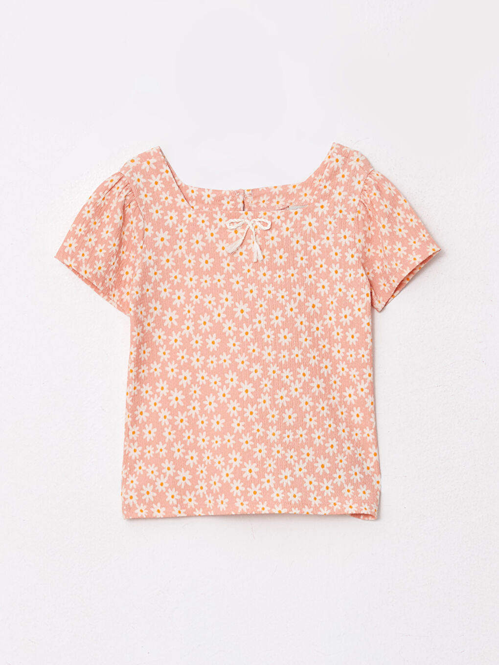 Square Collar Patterned Short Sleeve Girls T-Shirt