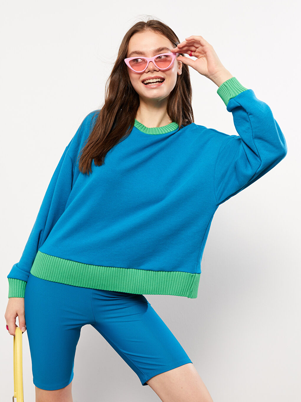 Mavi Bisiklet Yaka Renk Bloklu Uzun Kollu Kadın Sweatshirt-2