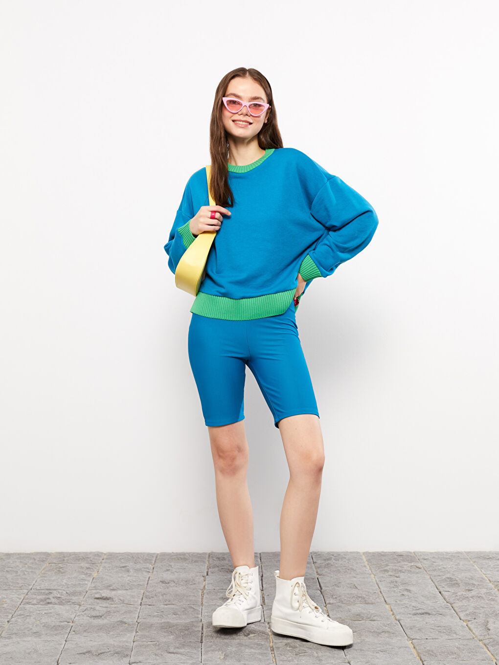 Mavi Bisiklet Yaka Renk Bloklu Uzun Kollu Kadın Sweatshirt-4