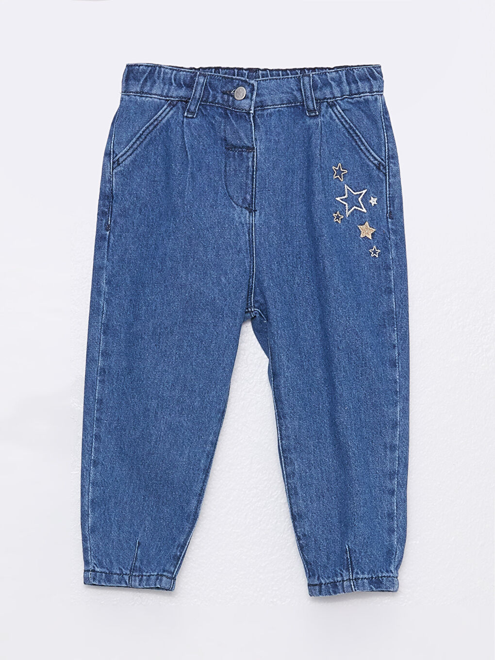 بنطلون جينز بناتي رضّع بخصر مطاطي وتفاصيل تطريز-2