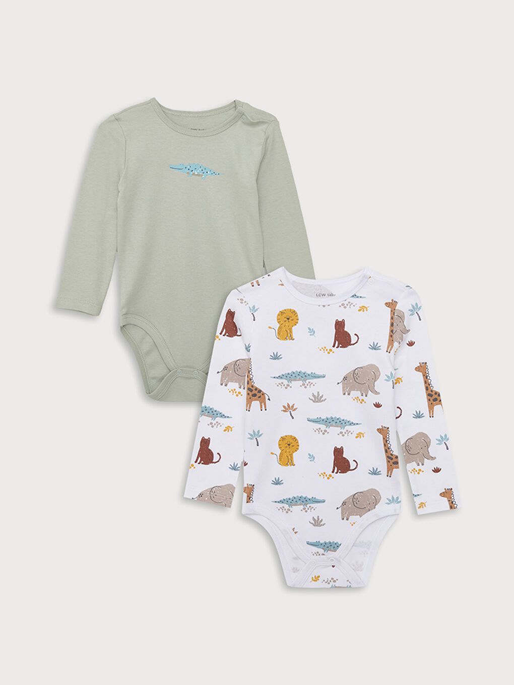 بدلة جسم بأكمام طويلة وياقة دائرية مطبوعة للأولاد الرضع مع كباسين في منطقة الكروتش - عبوة من قطعتين