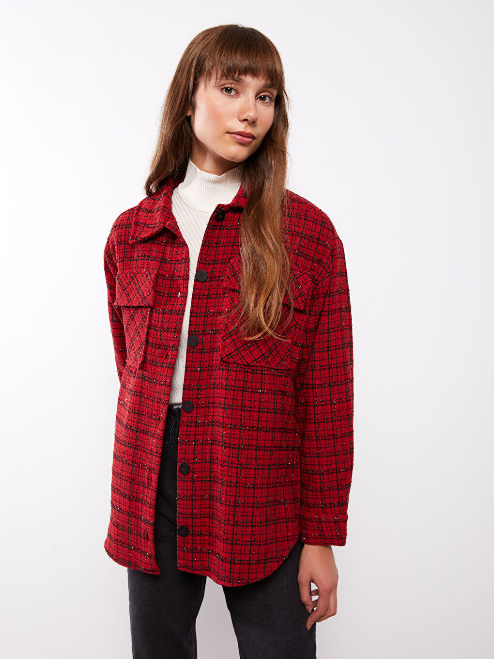Buttoned Plaid Long Sleeve Women's Shirt Jacket -W2G712Z8-LPA