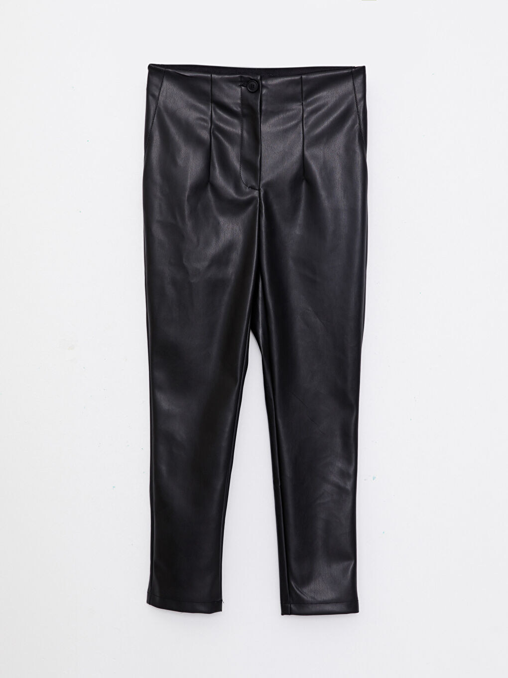 Siyah Standart Fit Düz Deri Görünümlü Kadın Pantolon-5
