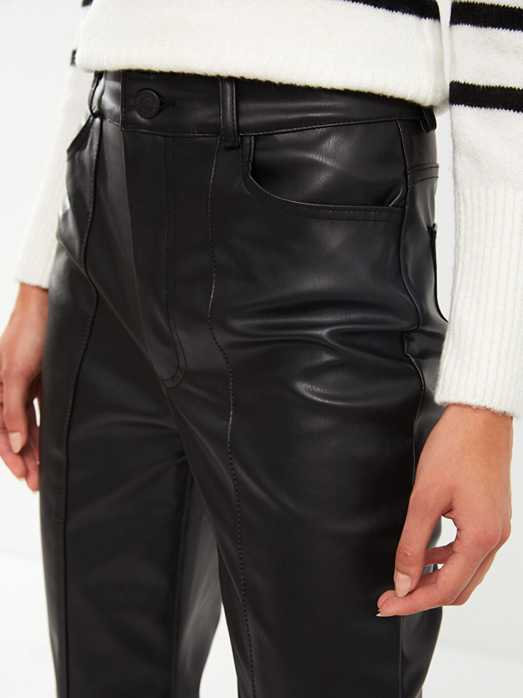 Standard Fit Regular Faux Leather Women's Trousers-2