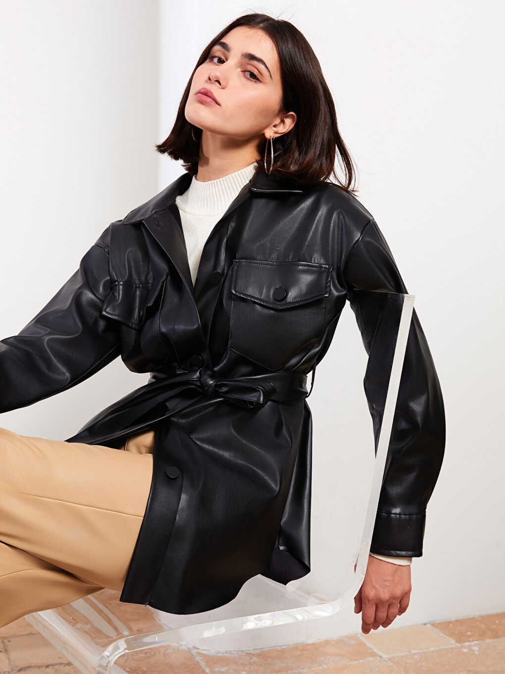 LCW Vision Straight Long Sleeve Oversize Leather Look Women's Shirt Jacket -W2G725Z8-CVL