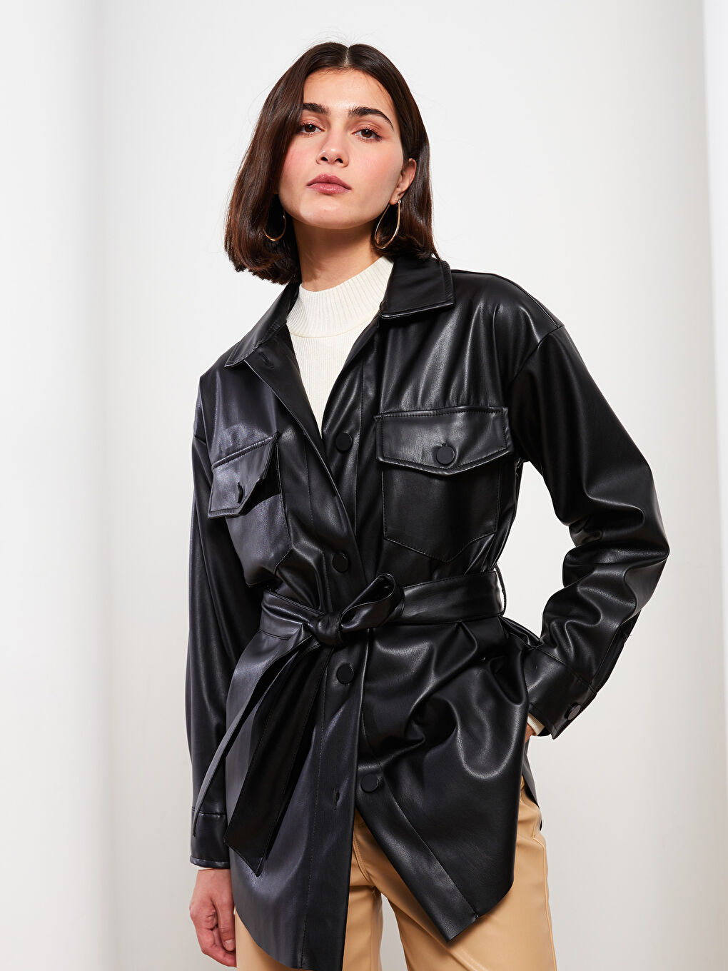 LCW Vision Straight Long Sleeve Oversize Leather Look Women's Shirt Jacket -W2G725Z8-CVL