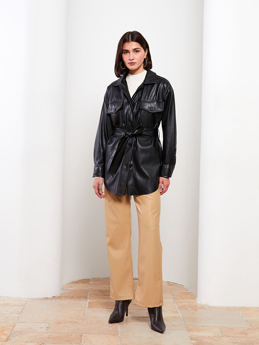 LCW Vision Straight Long Sleeve Oversize Leather Look Women's Shirt Jacket -W2G725Z8-CVL