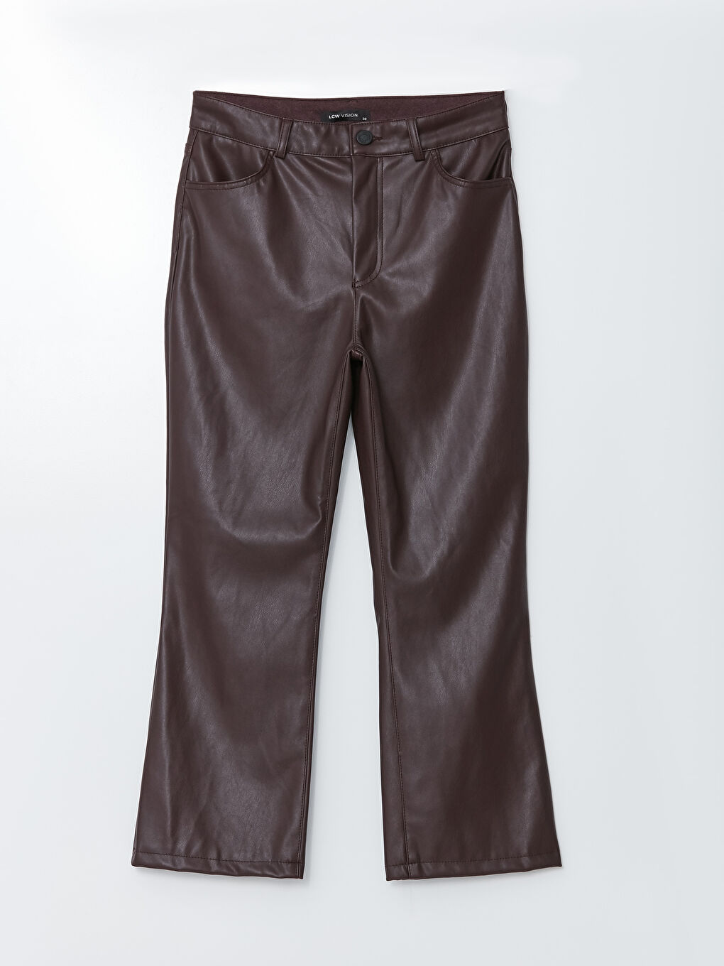 Kahverengi Standart Fit Düz Deri Görünümlü Kadın Pantolon-5