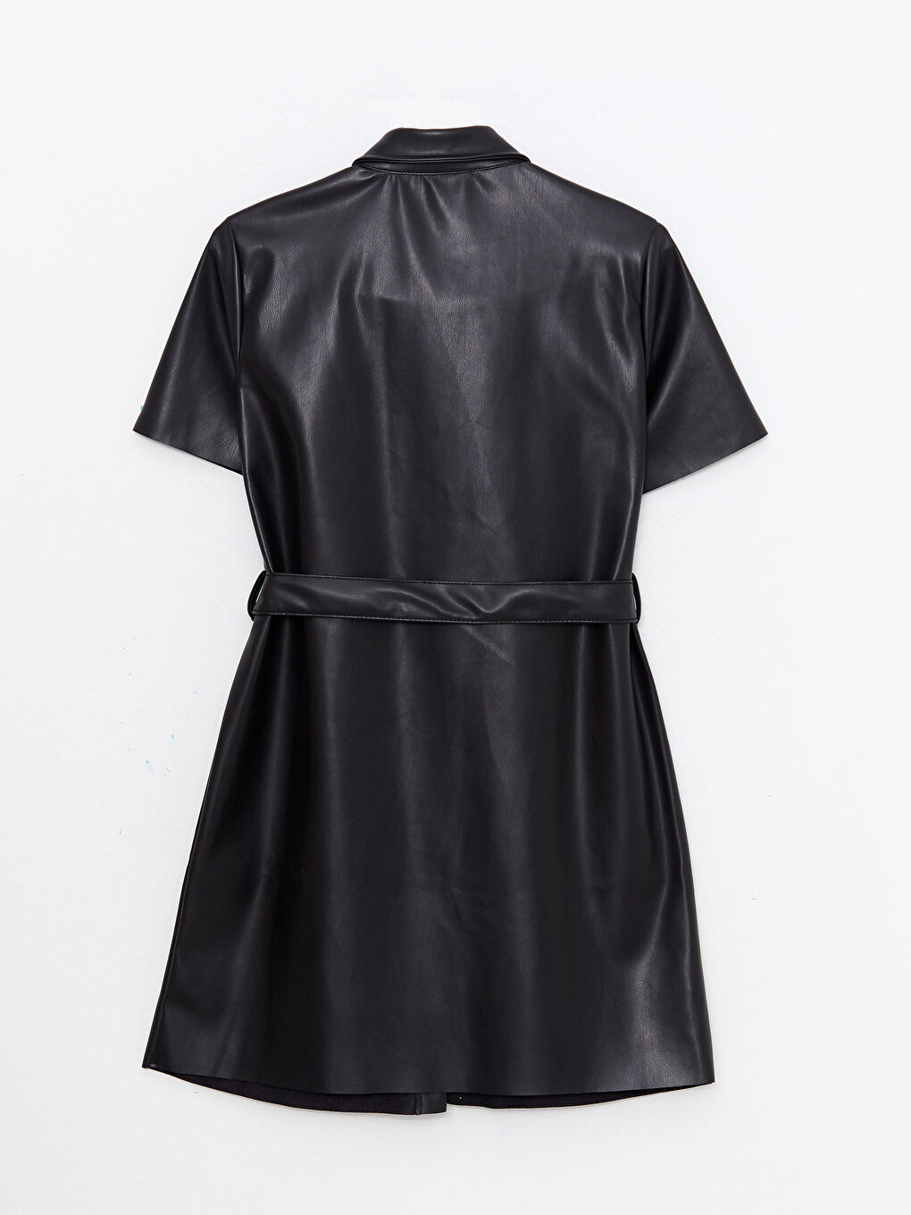 Siyah Düz Kısa Kollu Deri Görünümlü Kadın Gömlek Elbise-6
