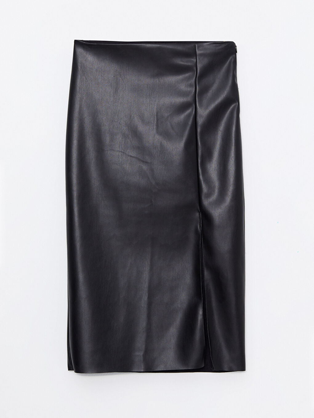 Siyah Düz Yırtmaç Detaylı Deri Görünümlü Kadın Etek-7
