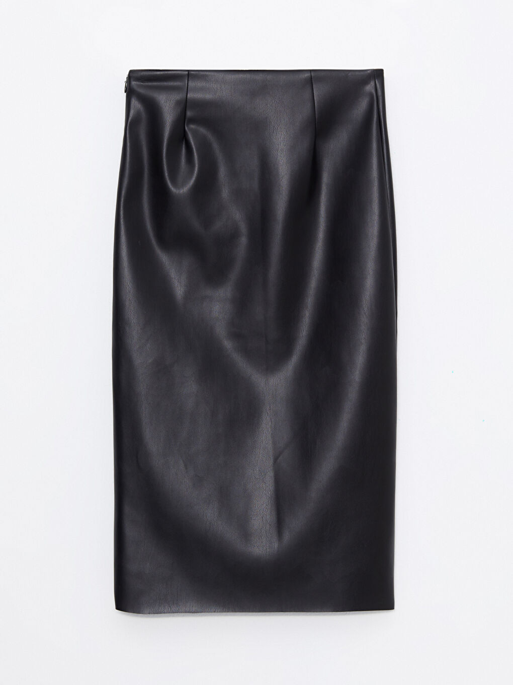 Siyah Düz Yırtmaç Detaylı Deri Görünümlü Kadın Etek-8