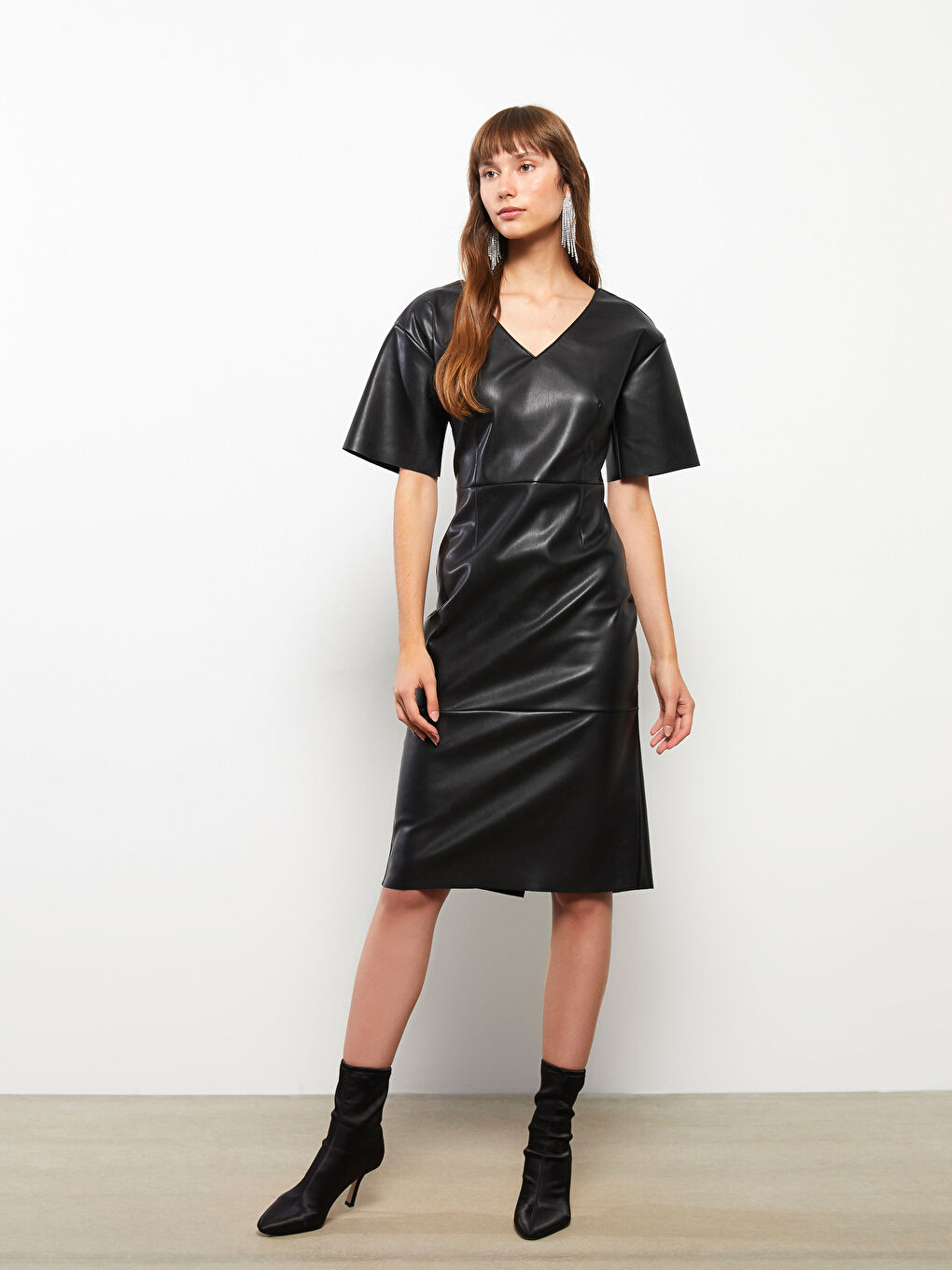V-Neck Straight Short Sleeve Leather Look Women's Dress-1