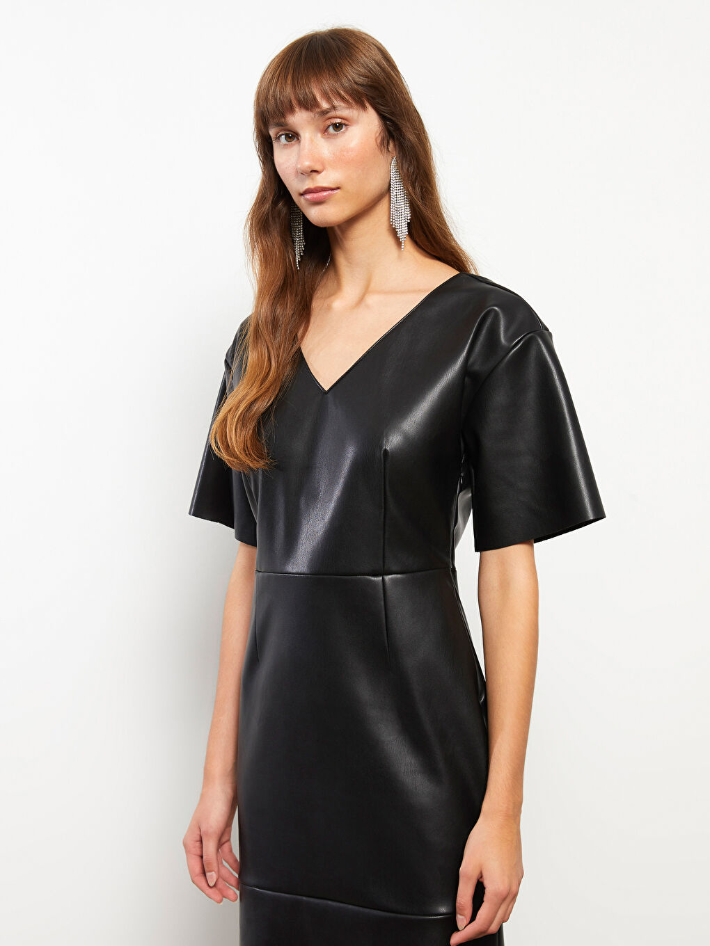 V-Neck Straight Short Sleeve Leather Look Women's Dress-2