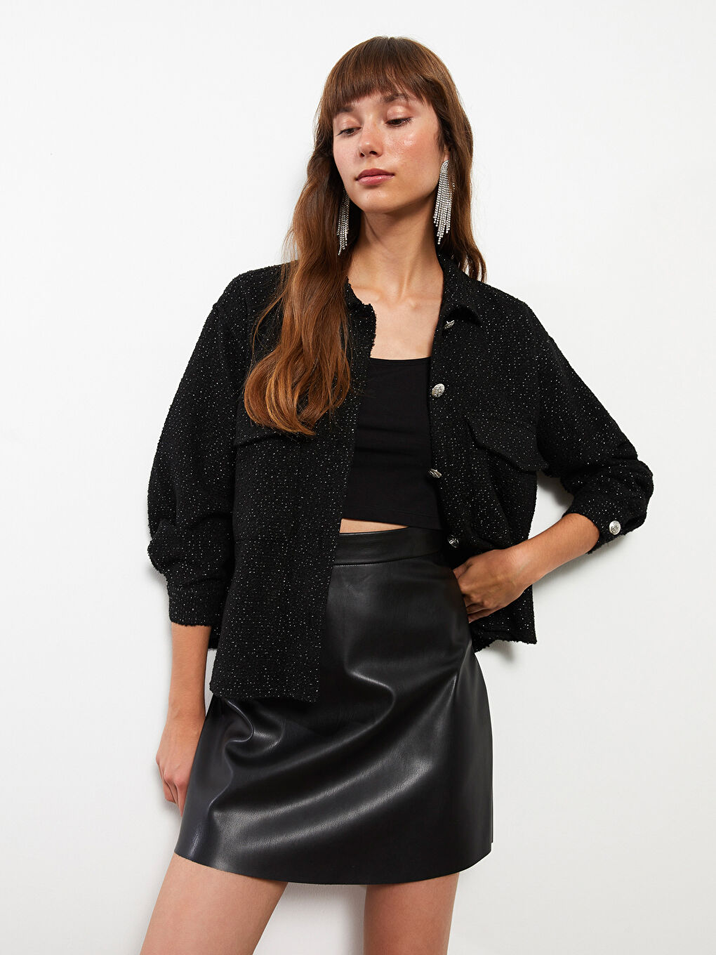 Fustă Simplă Aspect Piele pentru Femei-2