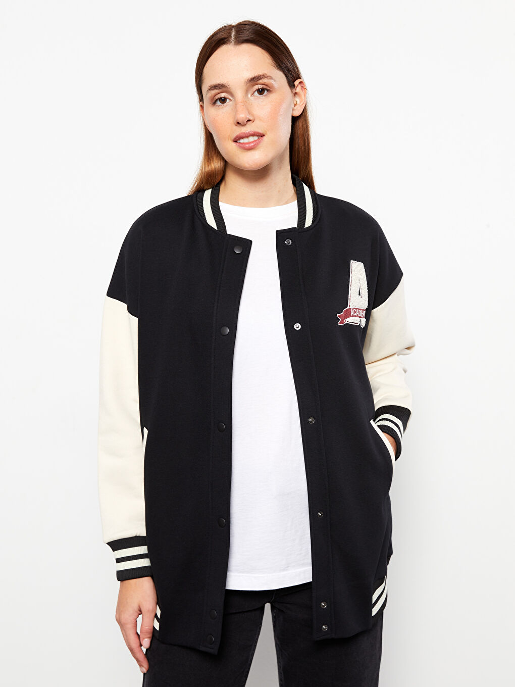 Bomber Collar Embroidered Women's College Jacket-2