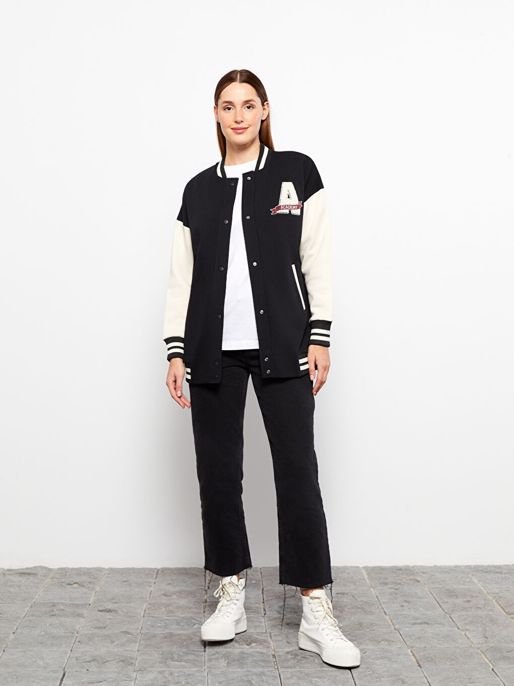 Bomber Collar Embroidered Women's College Jacket-3