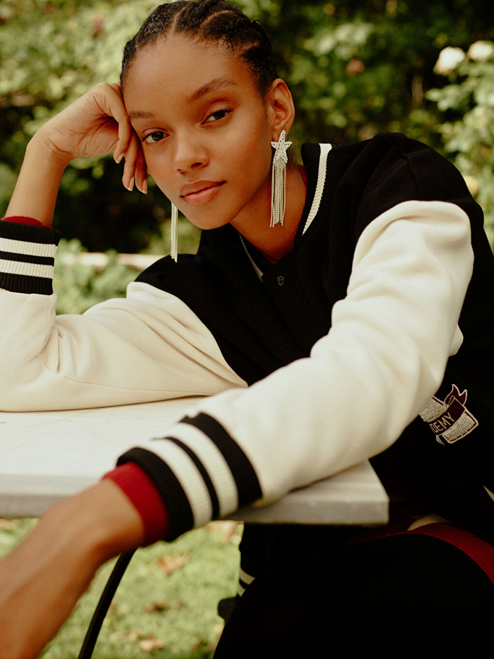 Bomber Collar Embroidered Women's College Jacket-1