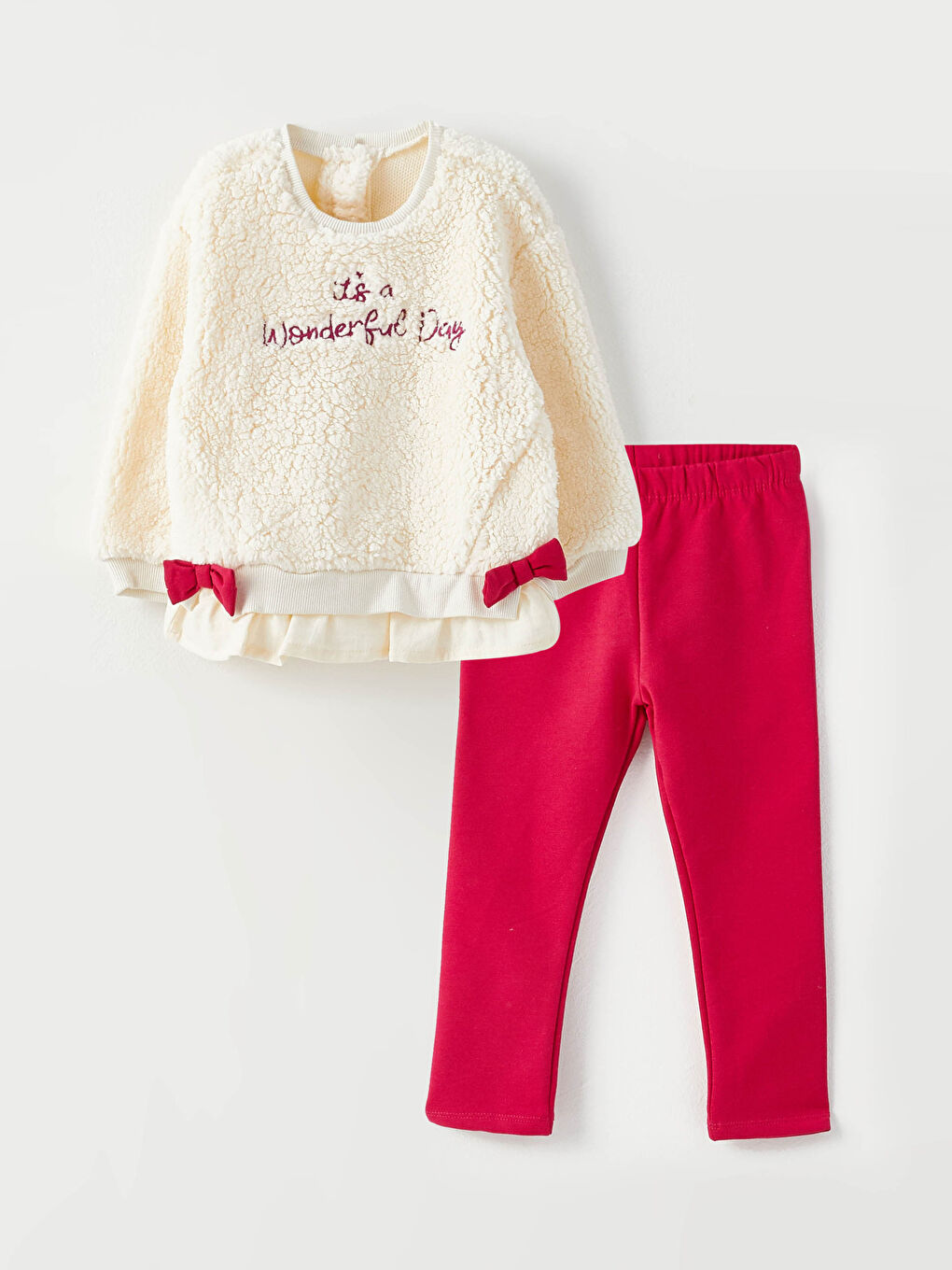 Ekru Bisiklet Yaka Uzun Kollu Nakış Detaylı Kız Bebek Sweatshirt ve Tayt 2'li Takım
