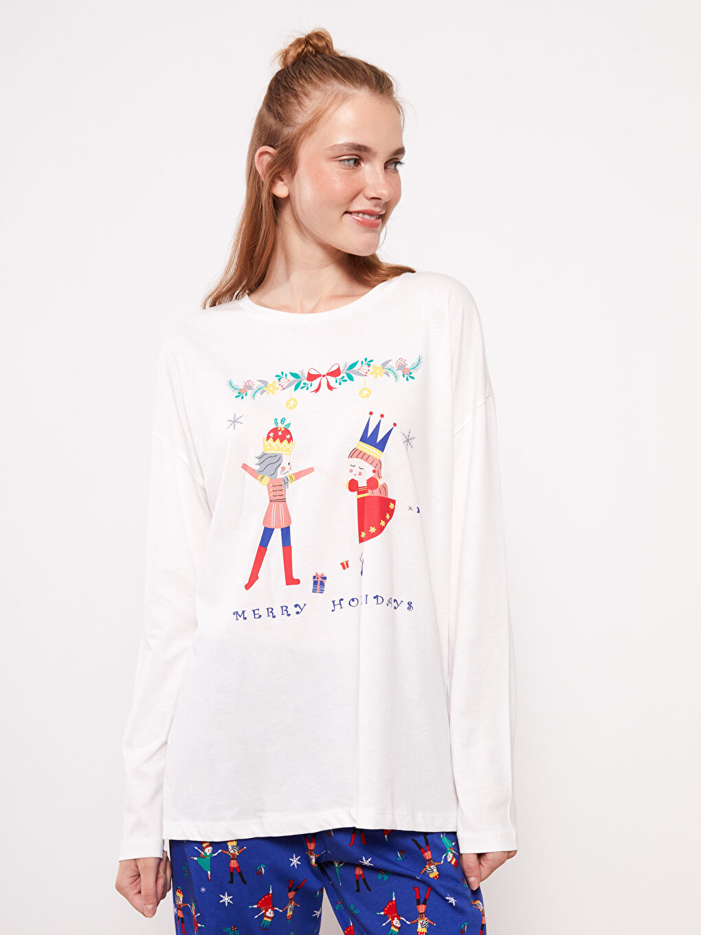 әйелдерге арналған жаңа жылдық тақырыптағы ұзын жеңді дөңгелек жағалы мақта пижама жинағы-1