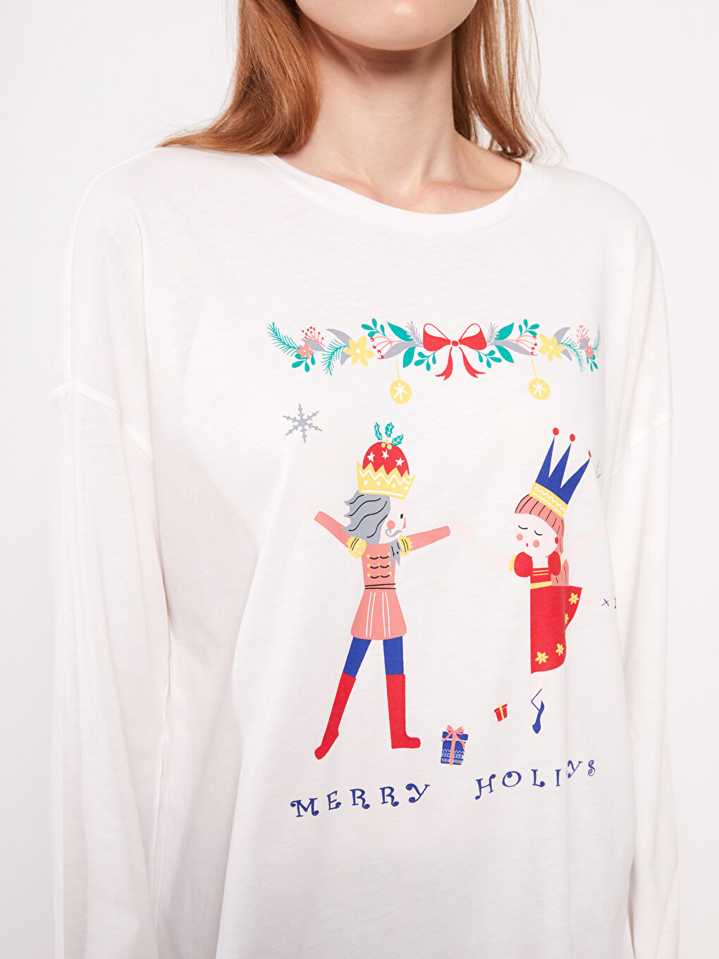 әйелдерге арналған жаңа жылдық тақырыптағы ұзын жеңді дөңгелек жағалы мақта пижама жинағы-3