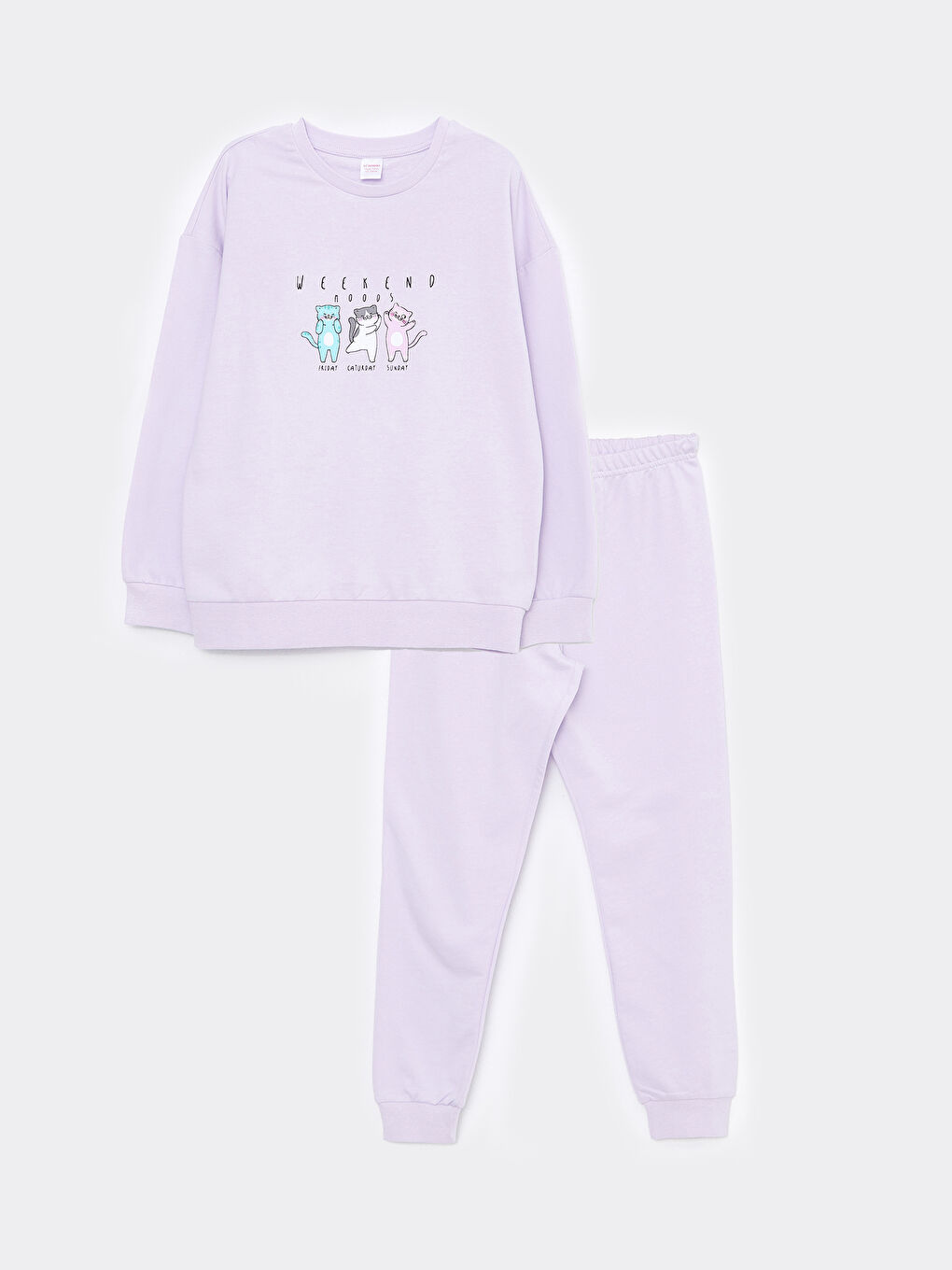 طقم بيجامة للبنات ياقة دائرية كم طويل مطبوع