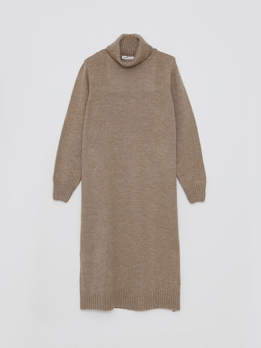 Bej Balıkçı Yaka Düz Uzun Kollu Kadın Triko Elbise-11