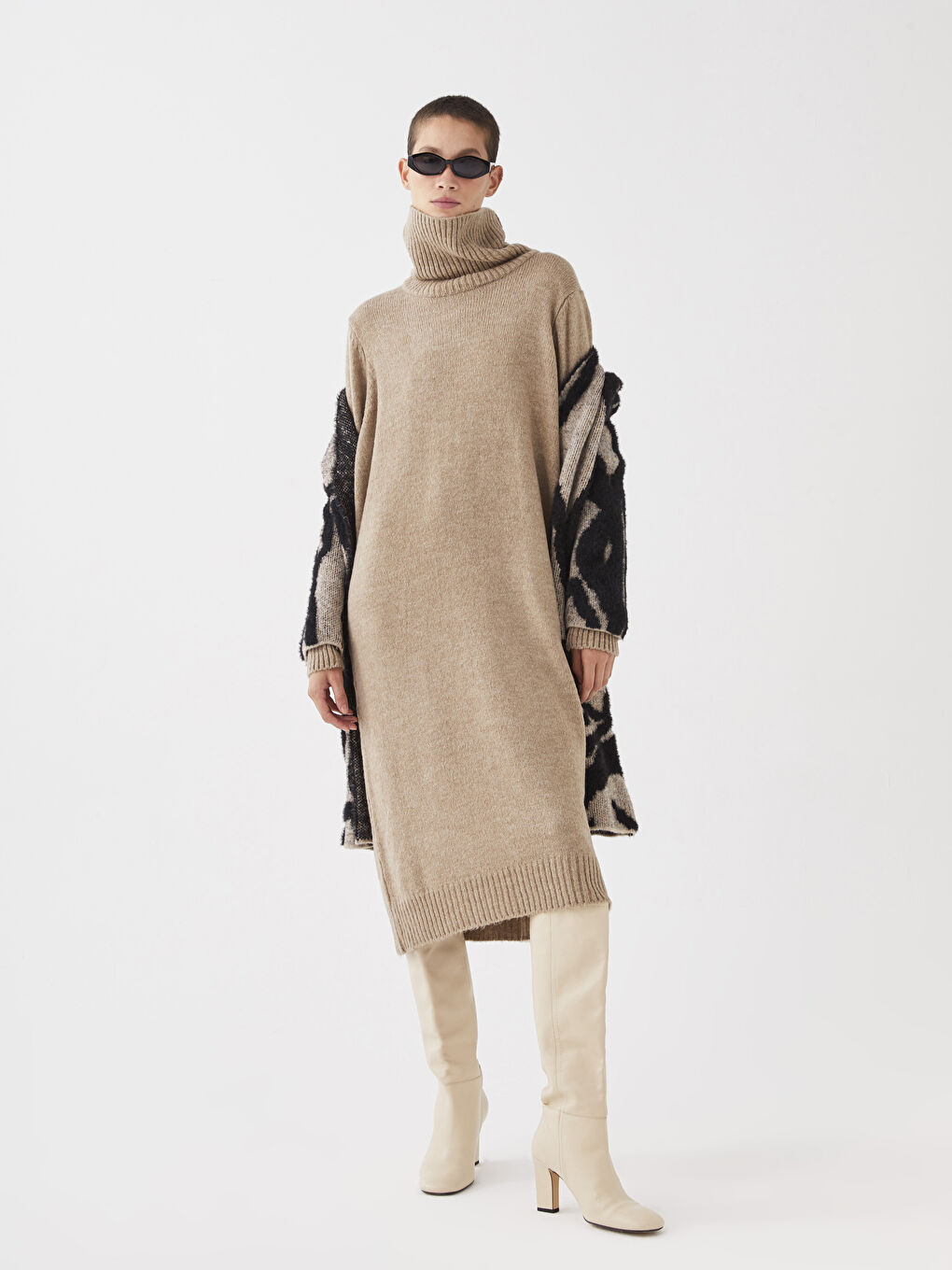 Bej Balıkçı Yaka Düz Uzun Kollu Kadın Triko Elbise-2