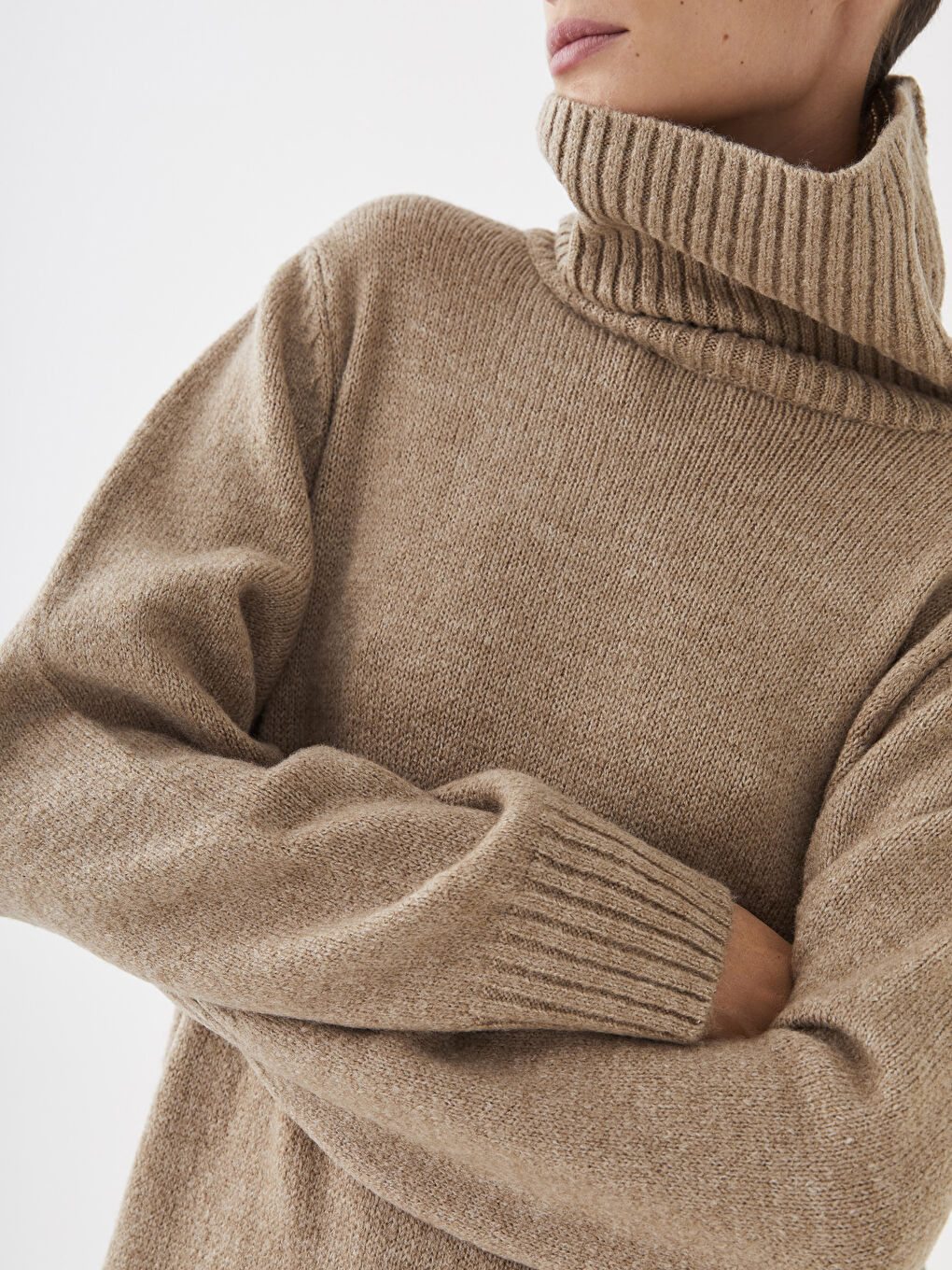 Bej Balıkçı Yaka Düz Uzun Kollu Kadın Triko Elbise-8