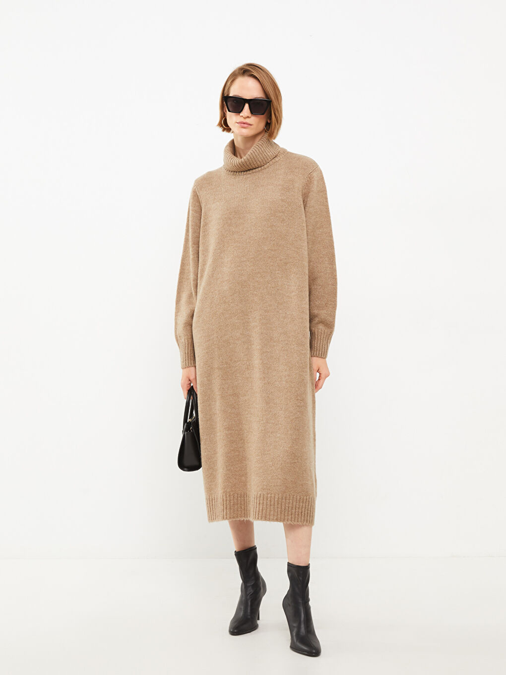 Bej Balıkçı Yaka Düz Uzun Kollu Kadın Triko Elbise-1