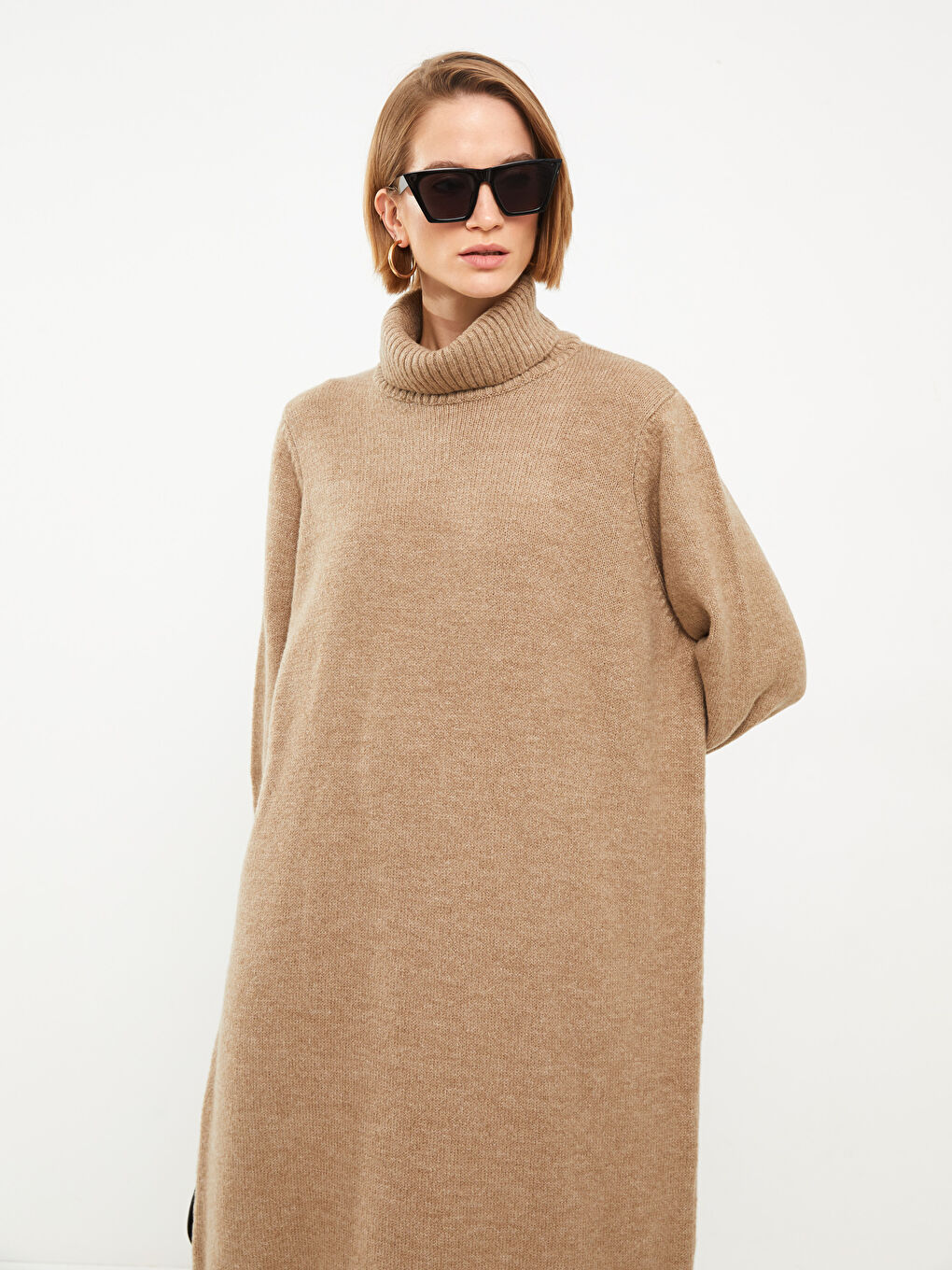 Bej Balıkçı Yaka Düz Uzun Kollu Kadın Triko Elbise-3