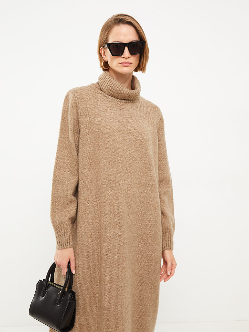 Bej Balıkçı Yaka Düz Uzun Kollu Kadın Triko Elbise-5