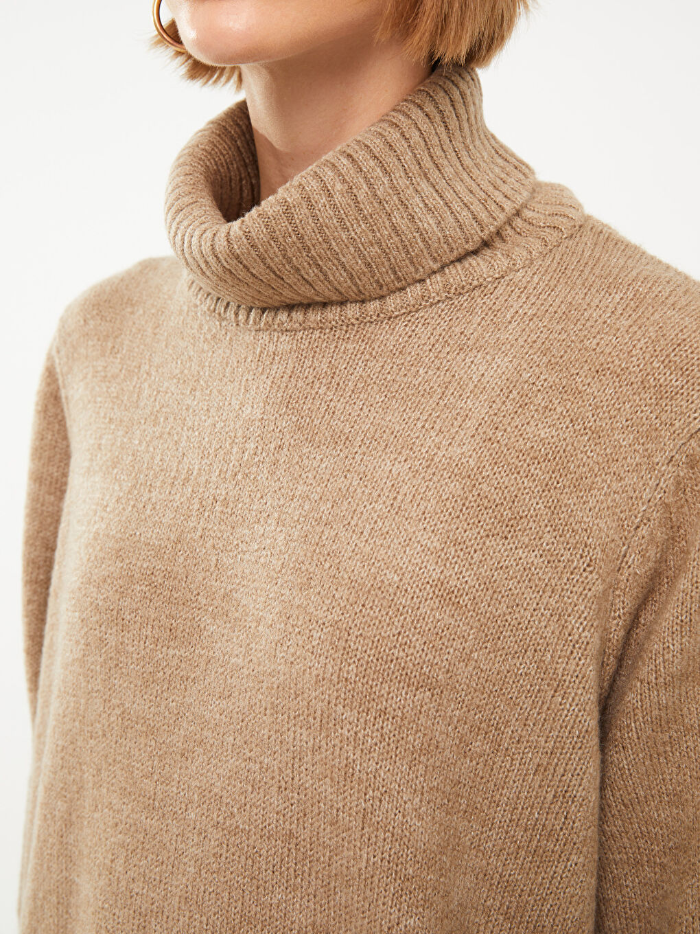 Bej Balıkçı Yaka Düz Uzun Kollu Kadın Triko Elbise-7