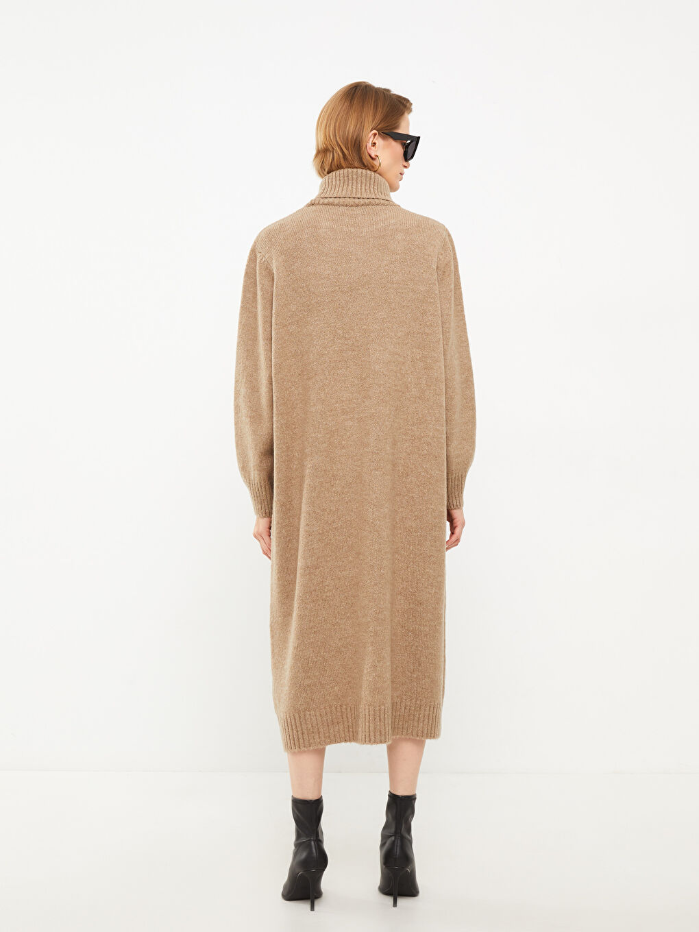 Bej Balıkçı Yaka Düz Uzun Kollu Kadın Triko Elbise-9