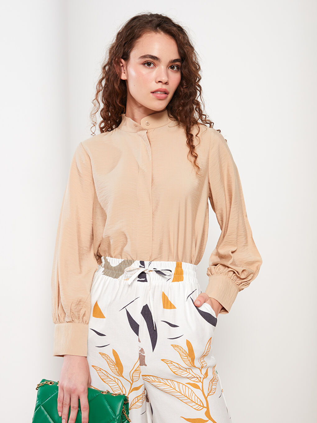 Bej Düz Uzun Kollu Kadın Gömlek Tunik-1