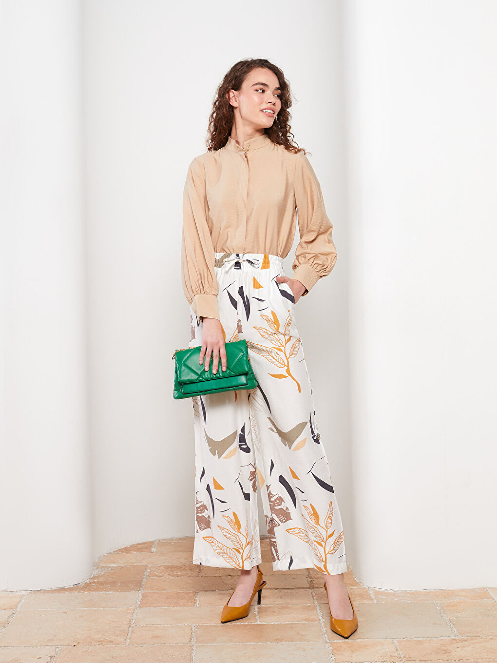 Bej Düz Uzun Kollu Kadın Gömlek Tunik-2