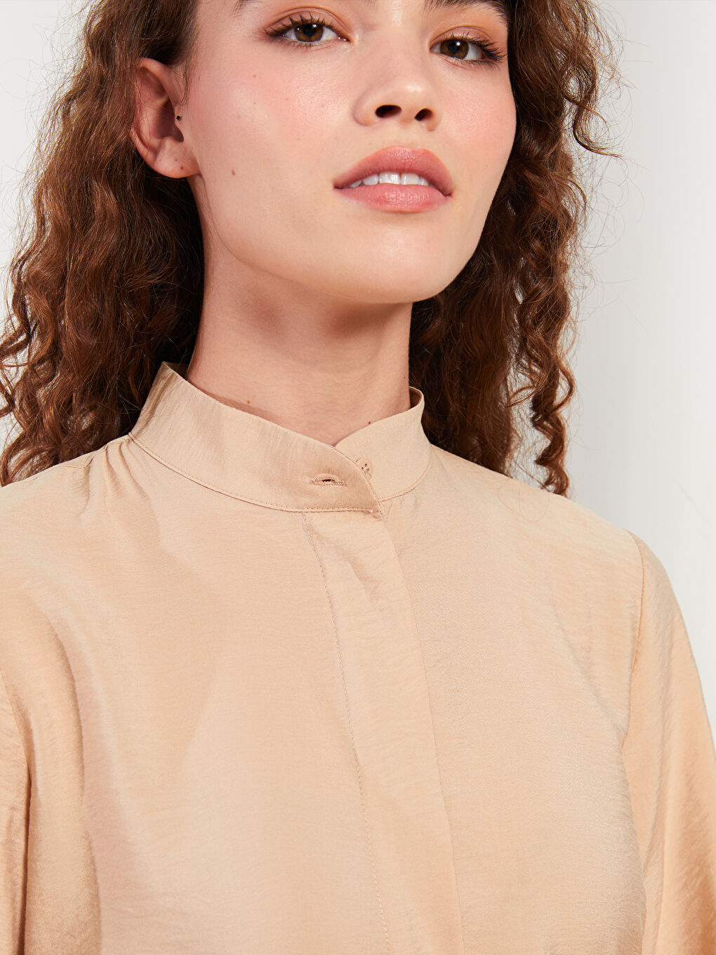 Bej Düz Uzun Kollu Kadın Gömlek Tunik-3