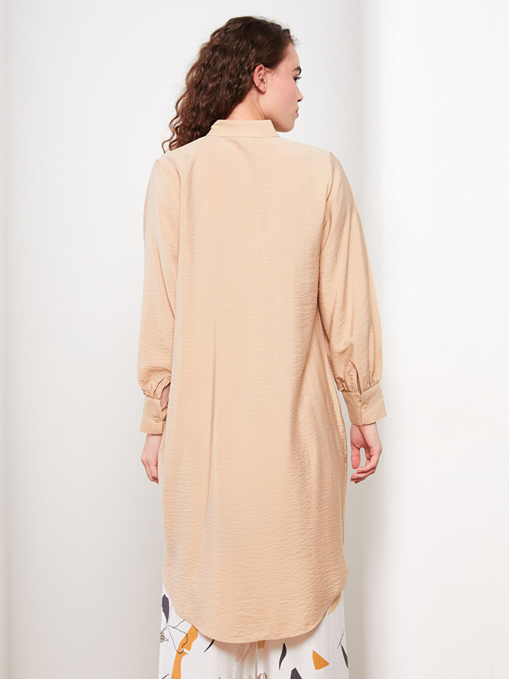 Bej Düz Uzun Kollu Kadın Gömlek Tunik-4