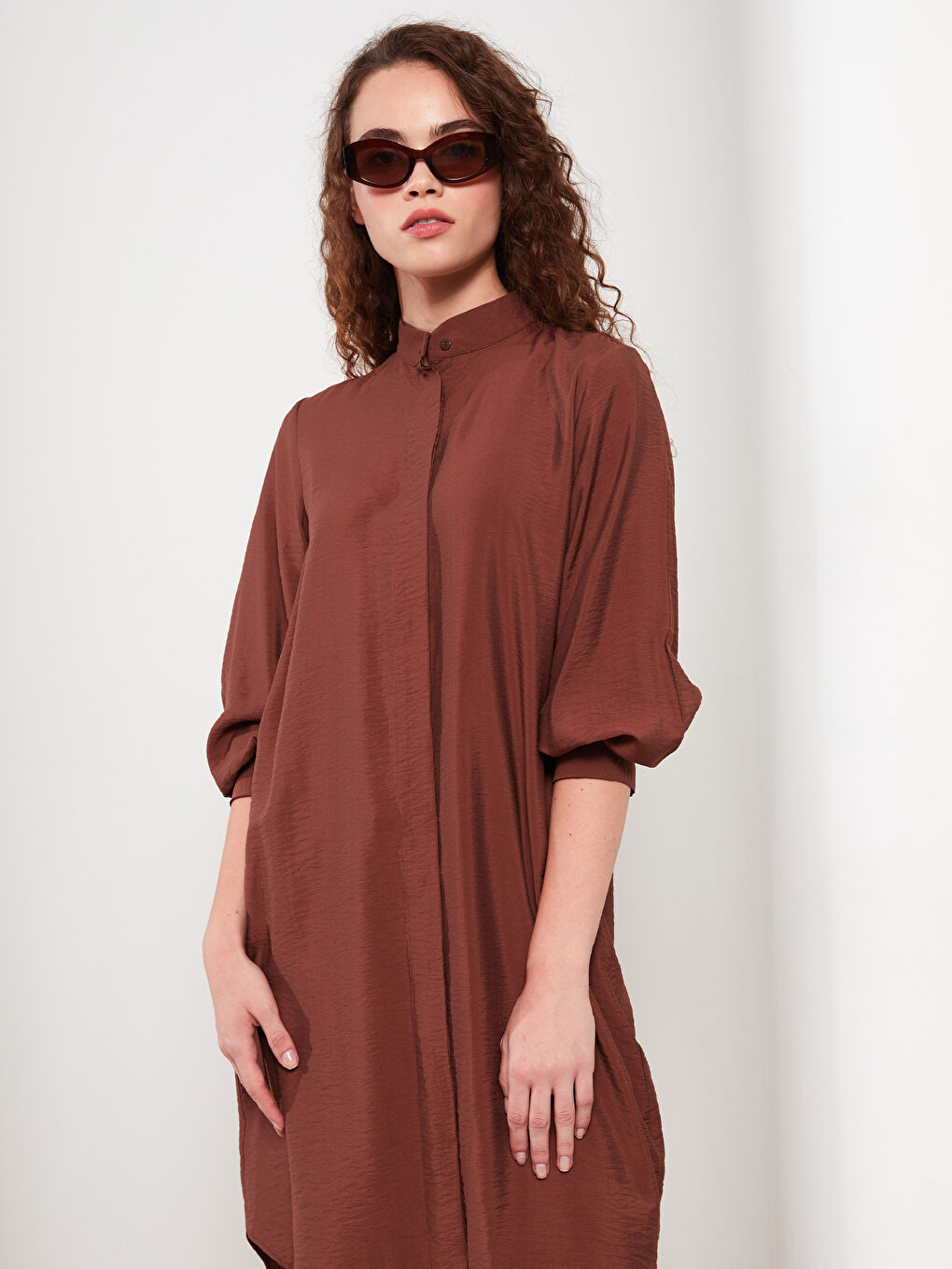 Kahverengi Düz Uzun Kollu Kadın Gömlek Tunik