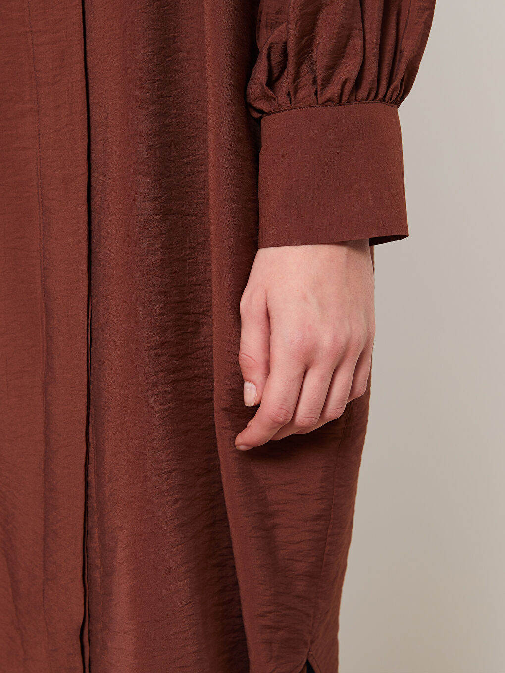 Kahverengi Düz Uzun Kollu Kadın Gömlek Tunik-2