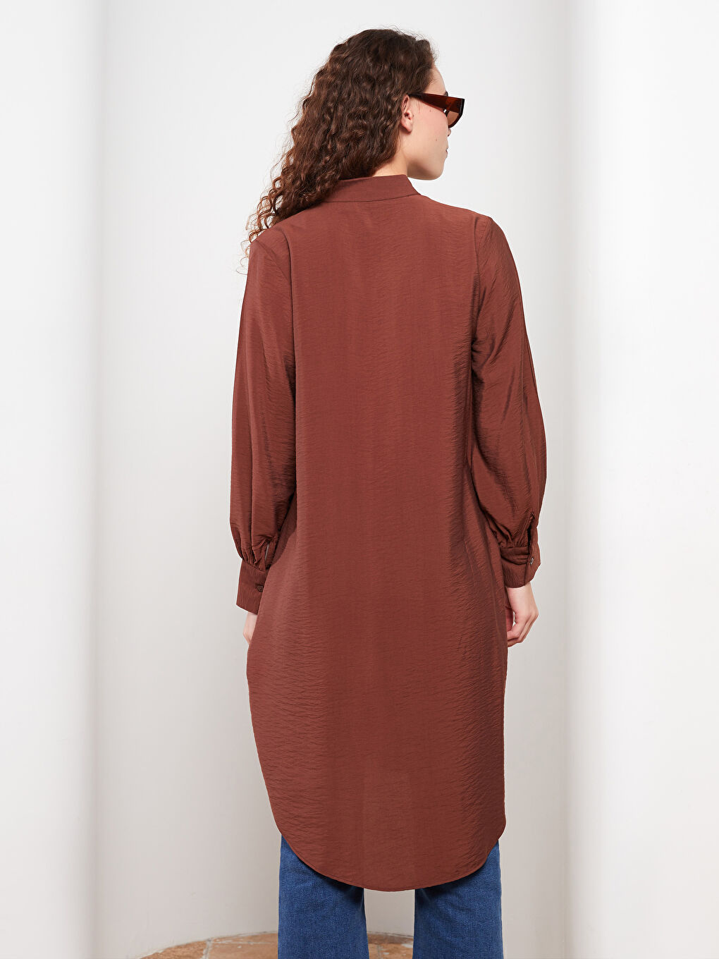 Kahverengi Düz Uzun Kollu Kadın Gömlek Tunik-3