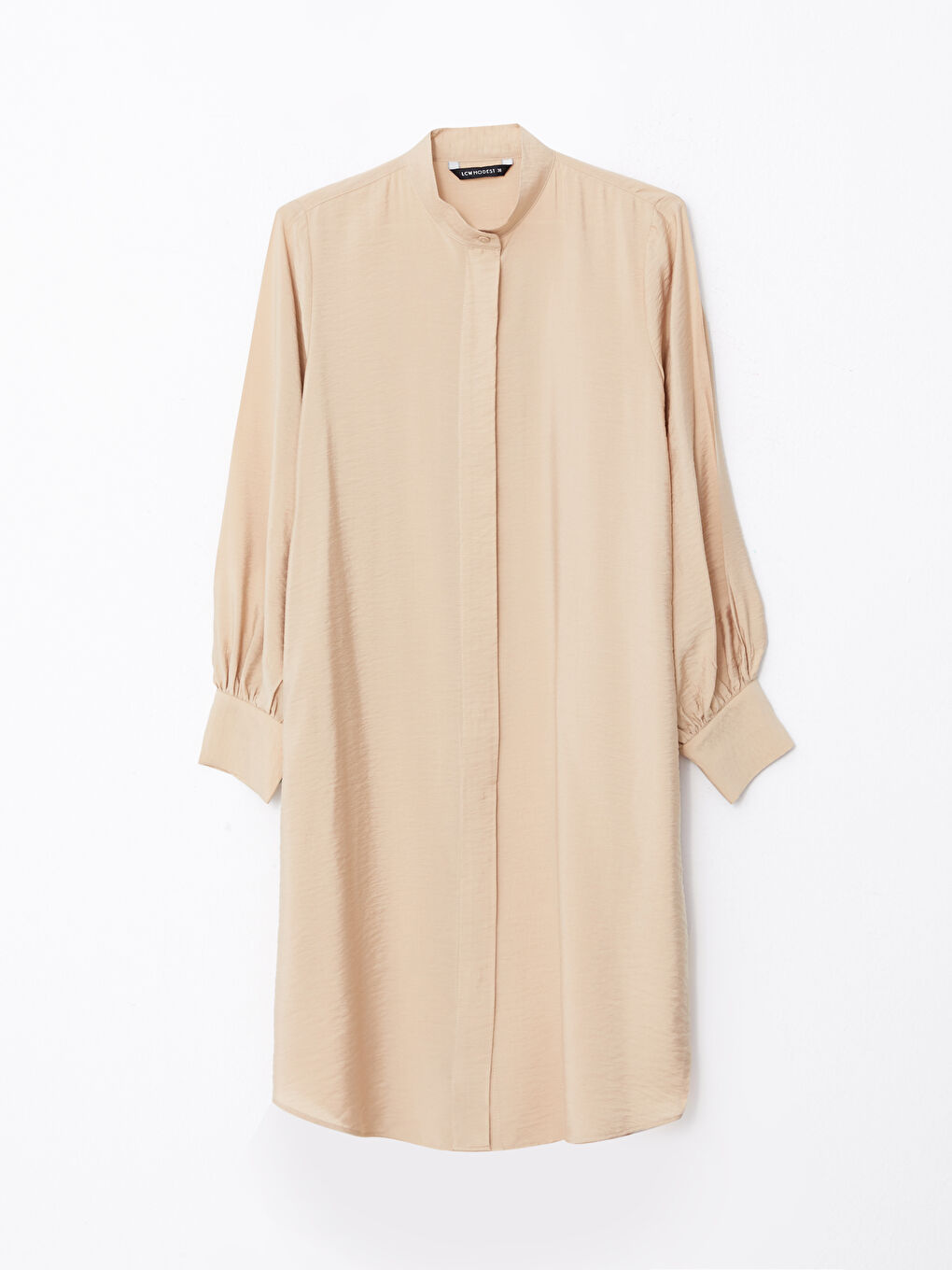 Bej Düz Uzun Kollu Kadın Gömlek Tunik-5