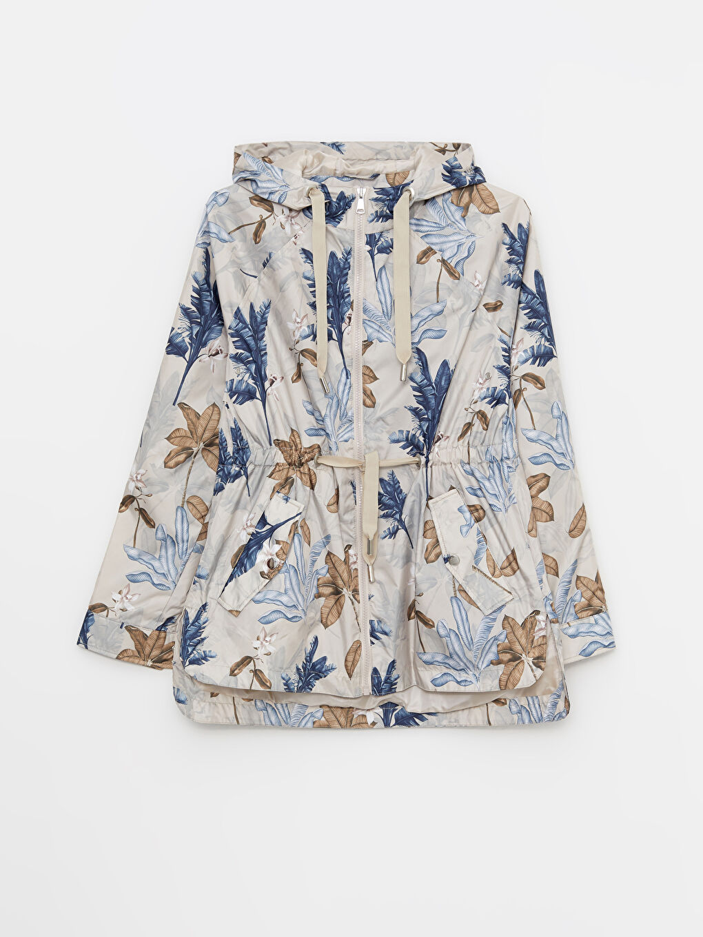 Bej Kapüşonlu Desenli Kadın Yağmurluk-7