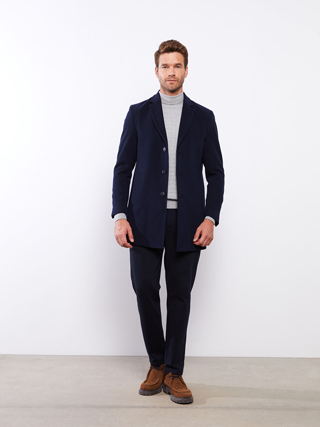 Lacivert Slim Fit Ceket Yaka Erkek Kaşe Kaban