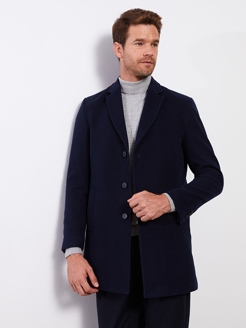 Lacivert Slim Fit Ceket Yaka Erkek Kaşe Kaban-2